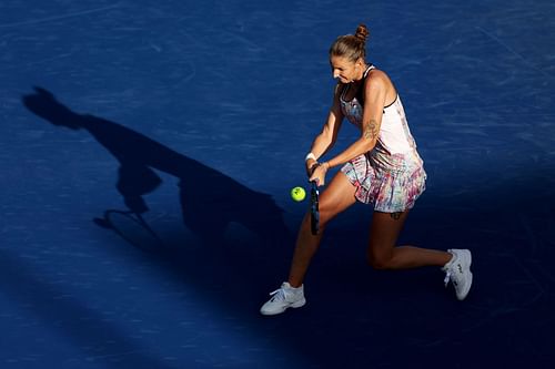 Karolina Pliskova strikes the ball in Dubai