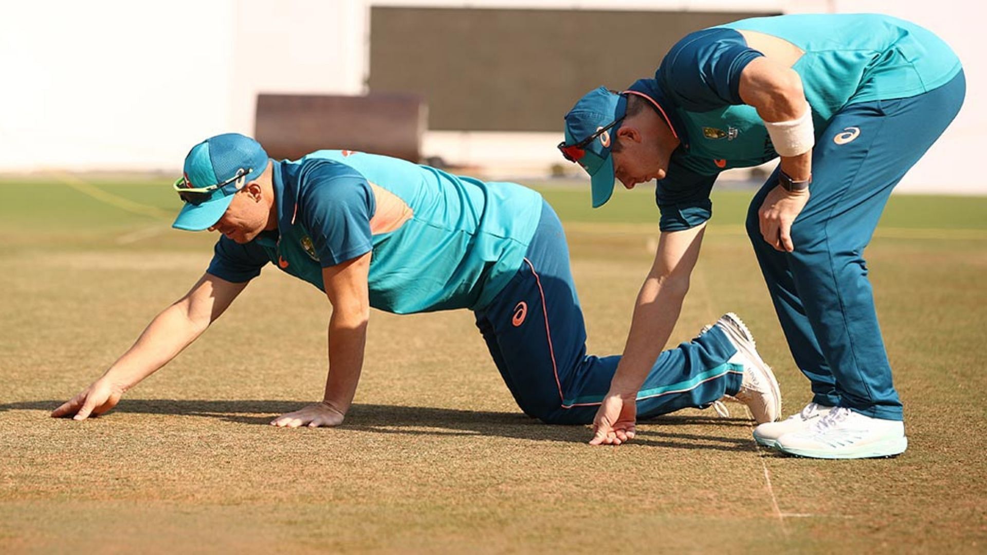 Australian batters David Warner and Steve Smith checking the Nagpur pitch. (P.C.:Twitter)