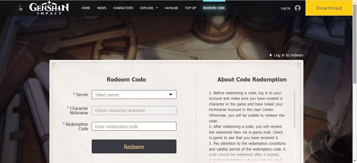 Redeeming codes on the official website (Image via HoYoverse)