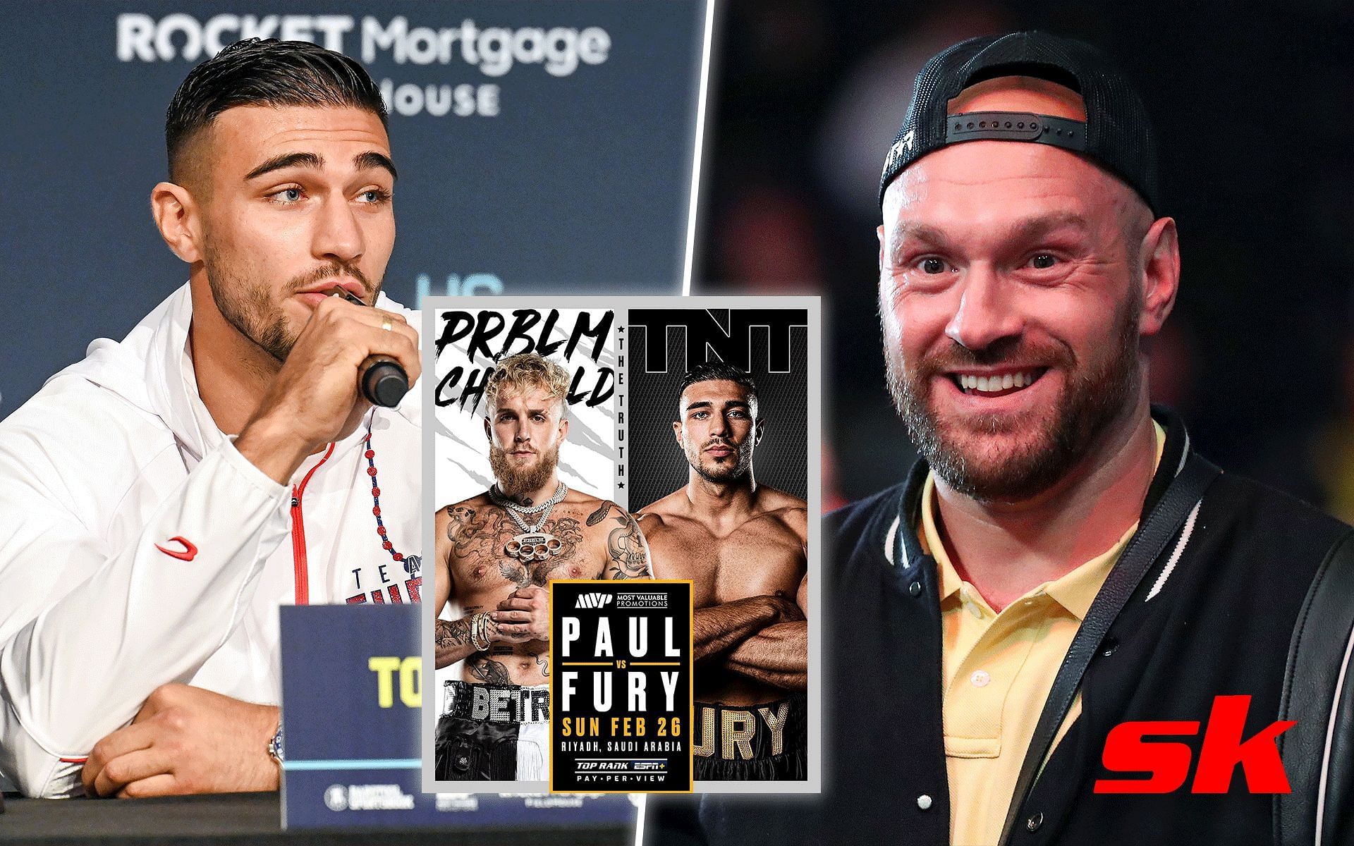 Tommy Fury(left), Jake Paul vs. Tommy Fury poster (middle) and Tyson Fury (right) [Image Credits: Getty Images and @tommyfury on Instagram]