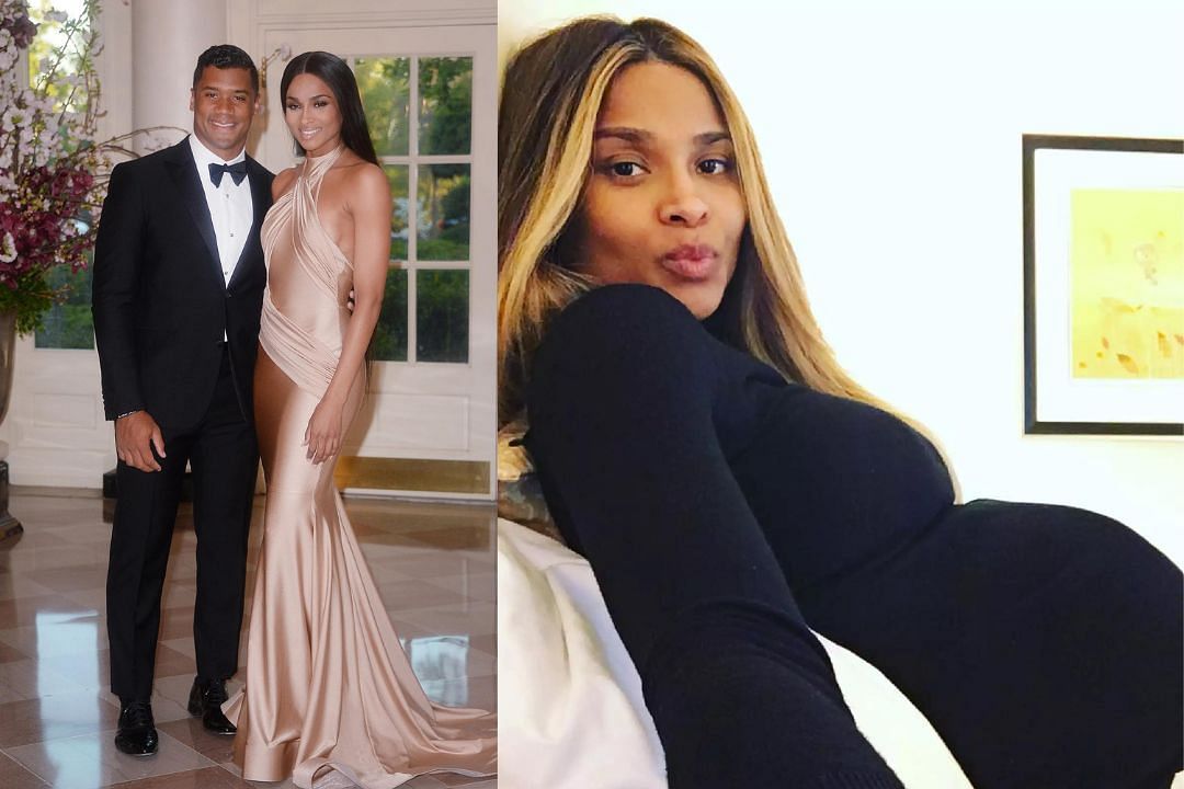Broncos QB Russell Wilson with wife Ciara (l) and Ciara pregnant with the couple