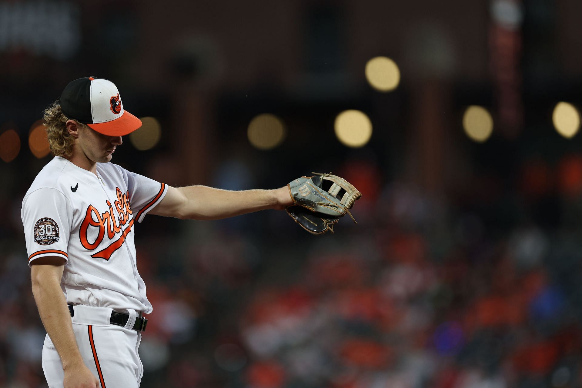 Gunnar Henderson #2 of the Baltimore Orioles looks on against the Houston Astros at Oriole Park at Camden Yards