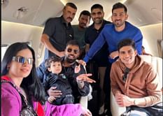 Ahmedabad T20I stars Shubman Gill and Hardik Pandya pose with flight crew