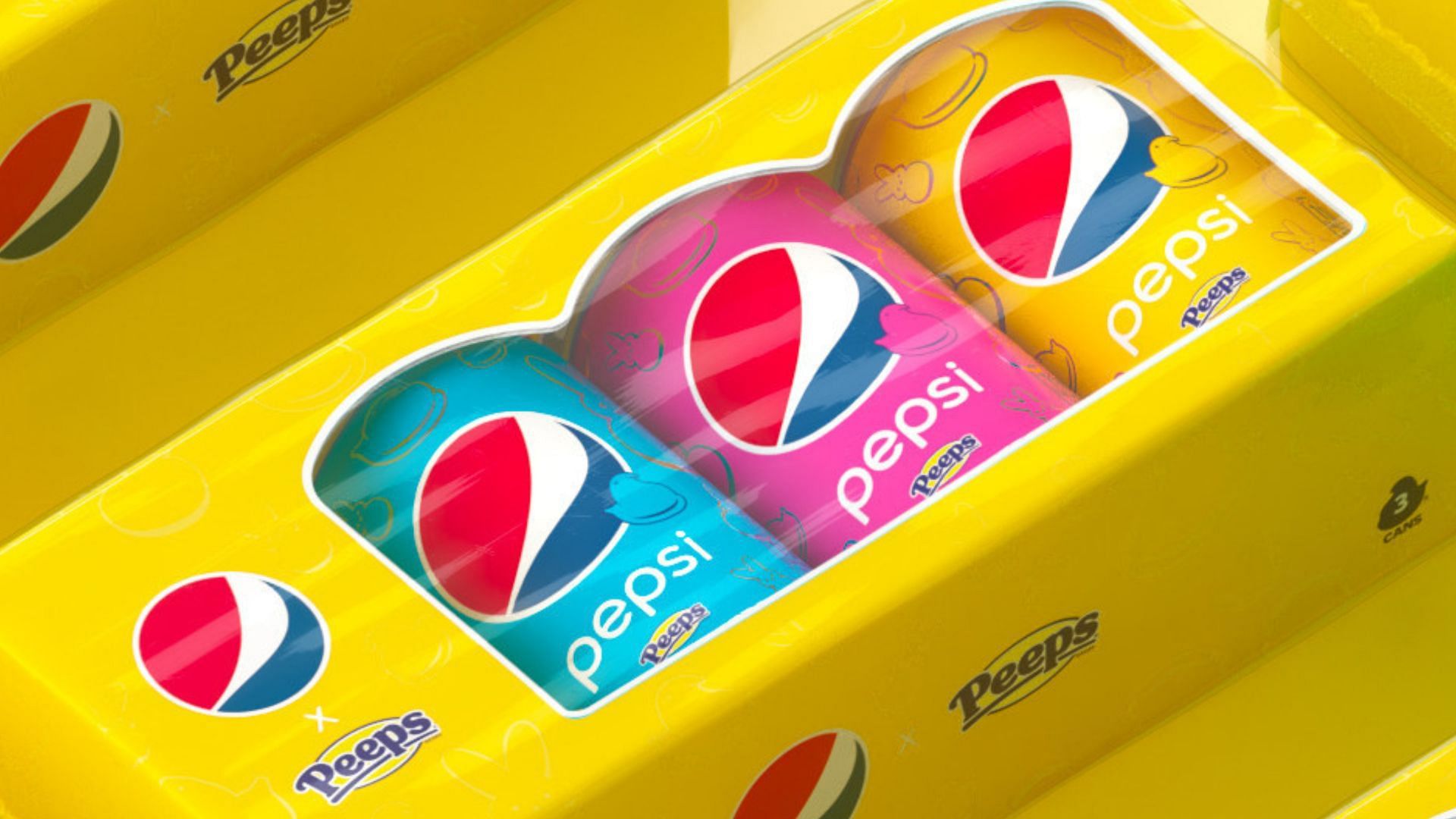 Pepsi Peeps soda will be available in bright yellow, pink, and blue cans (Image via Pepsi)
