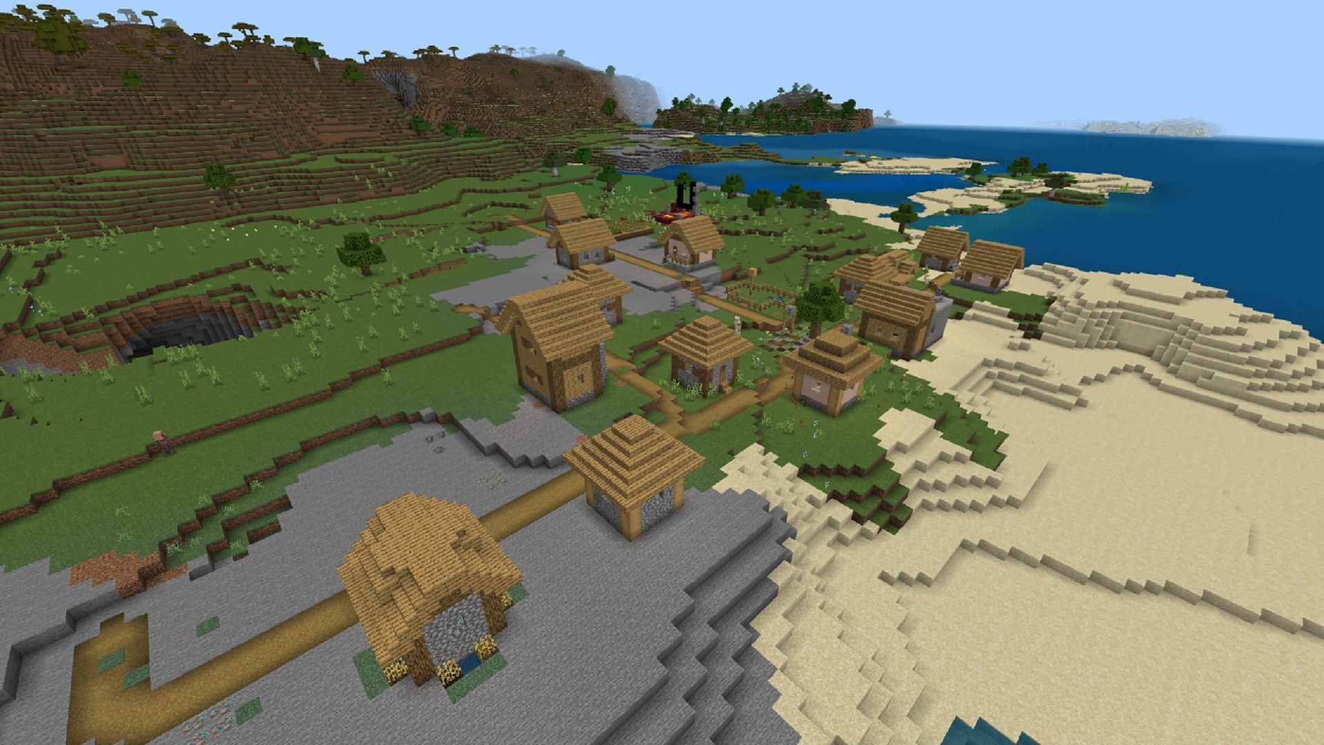 This Minecraft Bedrock seed&#039;s spawn village has a lot going on underneath its surface (Image via Mojang)