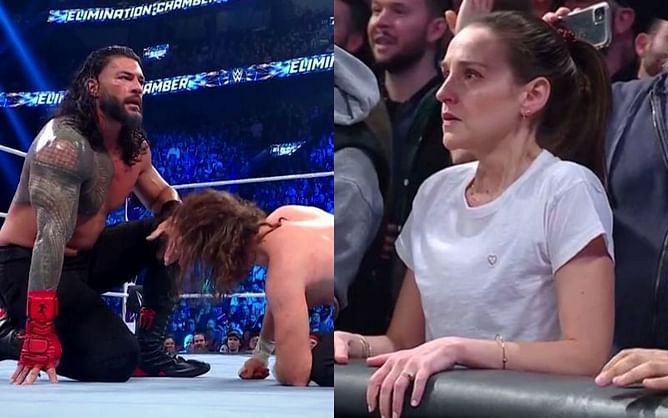 WATCH: Sami Zayn kisses his wife after Roman Reigns threatened her during Elimination Chamber 2023 main event