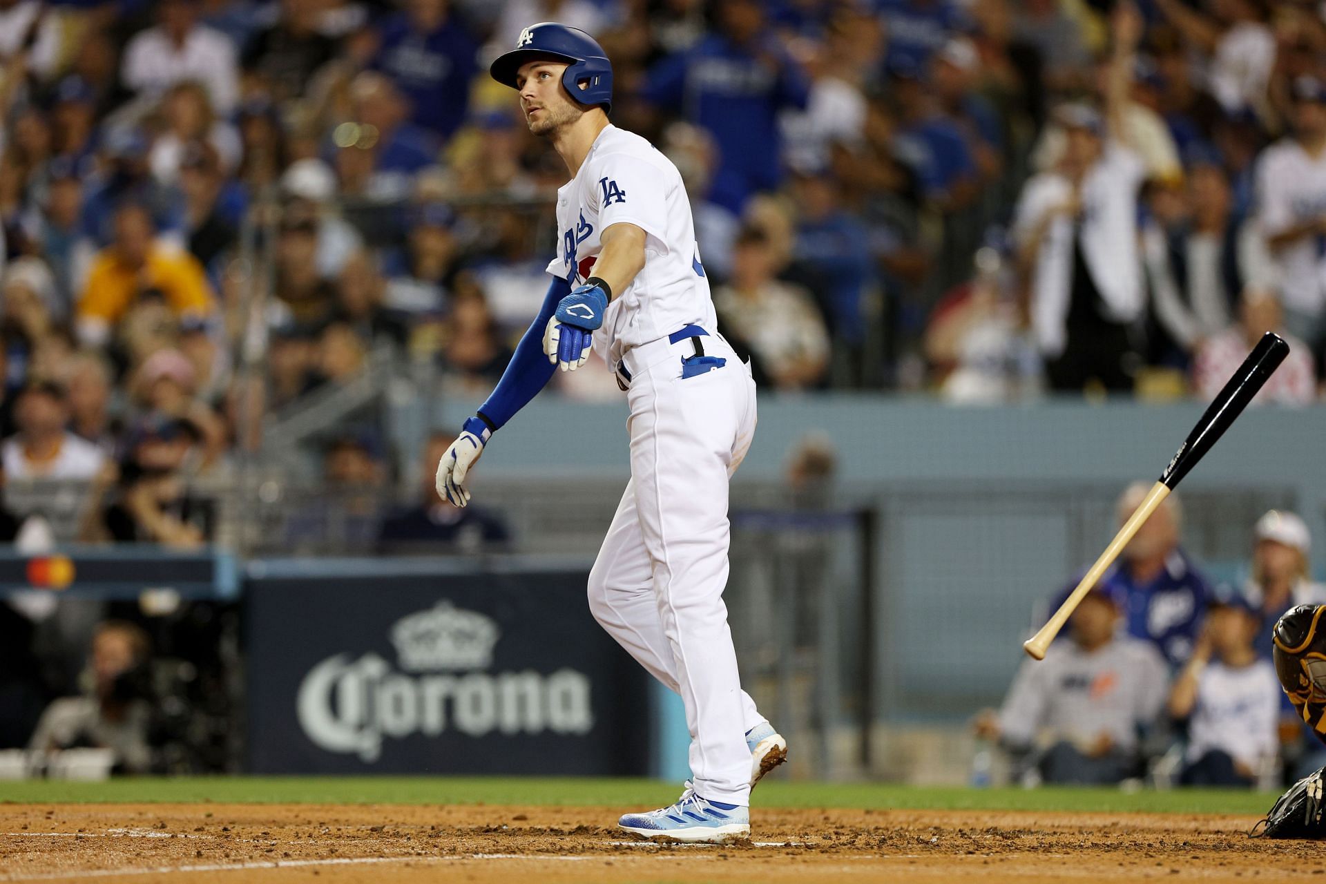 Trea Turner #6 of the Los Angeles Dodgers hits a solo home run in the third inning in game two of the National League Division Series against the San Diego Padres at Dodger Stadium on October 12, 2022 in Los Angeles, California.