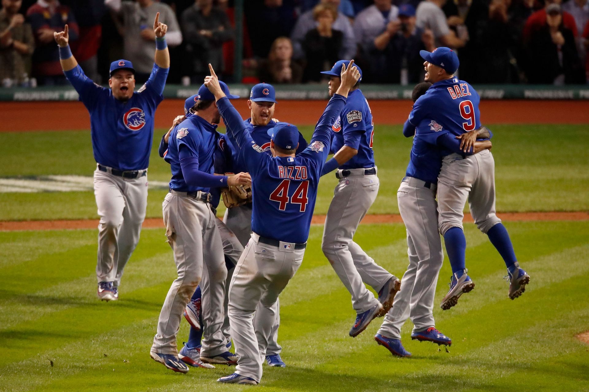 The Chicago Cubs celebrate defeating the Cleveland Indians 8-7 in Game Seven of the 2016 World Series