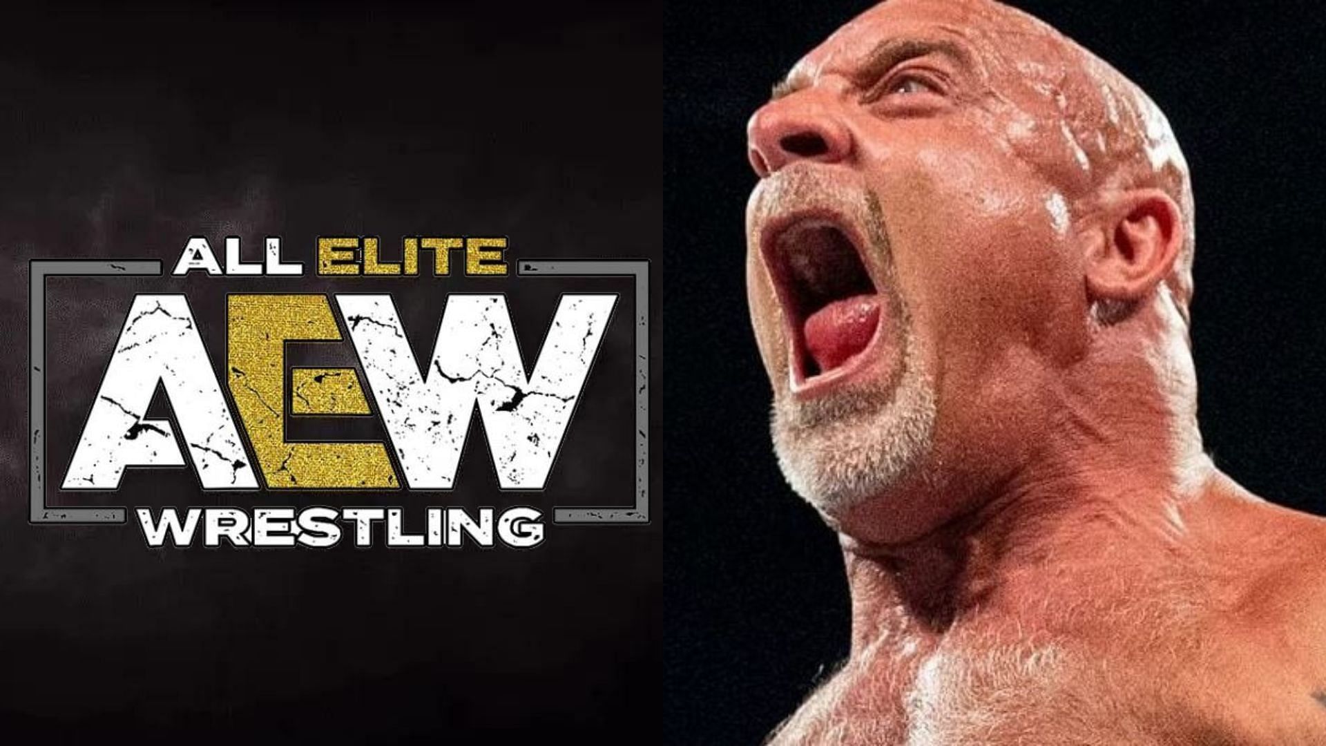 AEW logo (left), Goldberg (right)