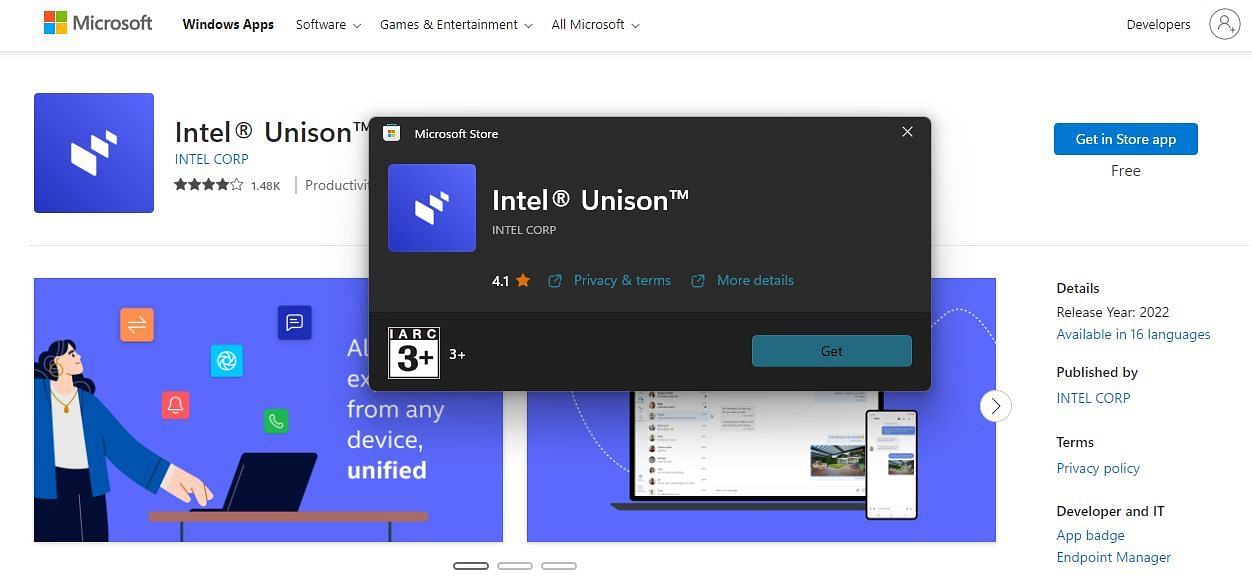 Download Intel Unison from Microsoft Store (Image via Microsoft Apps)