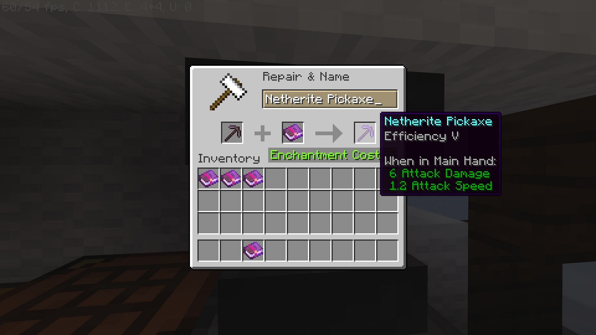 Efficiency enchantment on a netherite pickaxe in Minecraft (Image via Mojang)