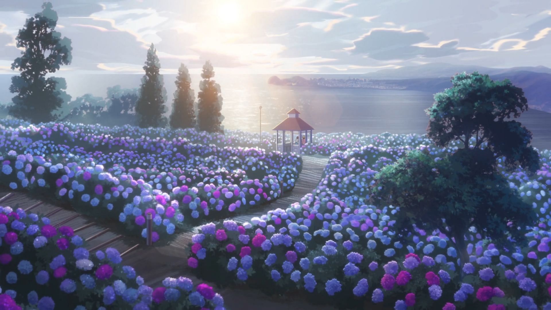 The hydrangea garden where Kazuki met Yuzuha, as seen in Buddy Daddies Episode 7(Image via P.A. Works)