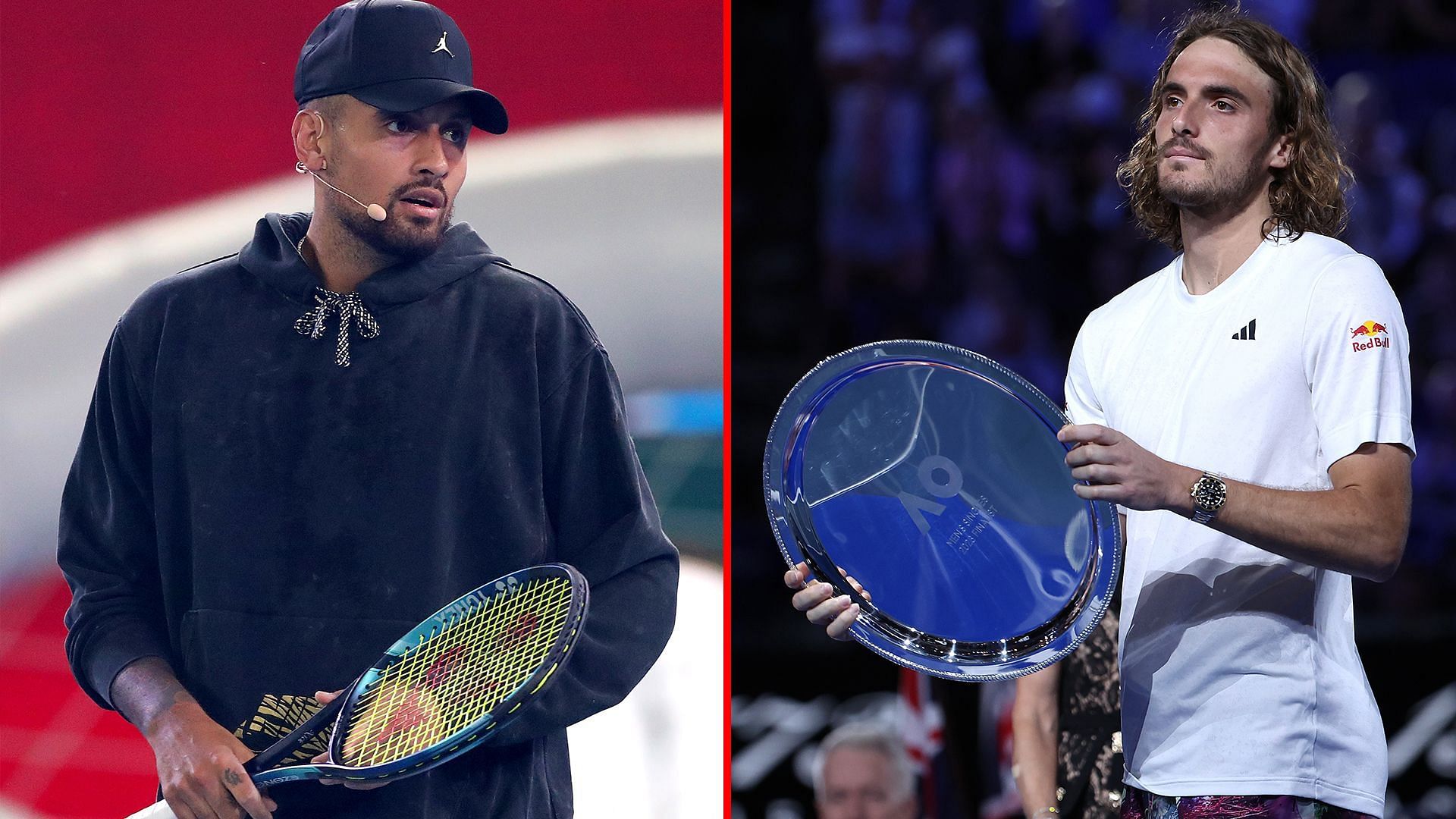 Nick Kyrgios (L) and Stefanos Tsitsipas (R).