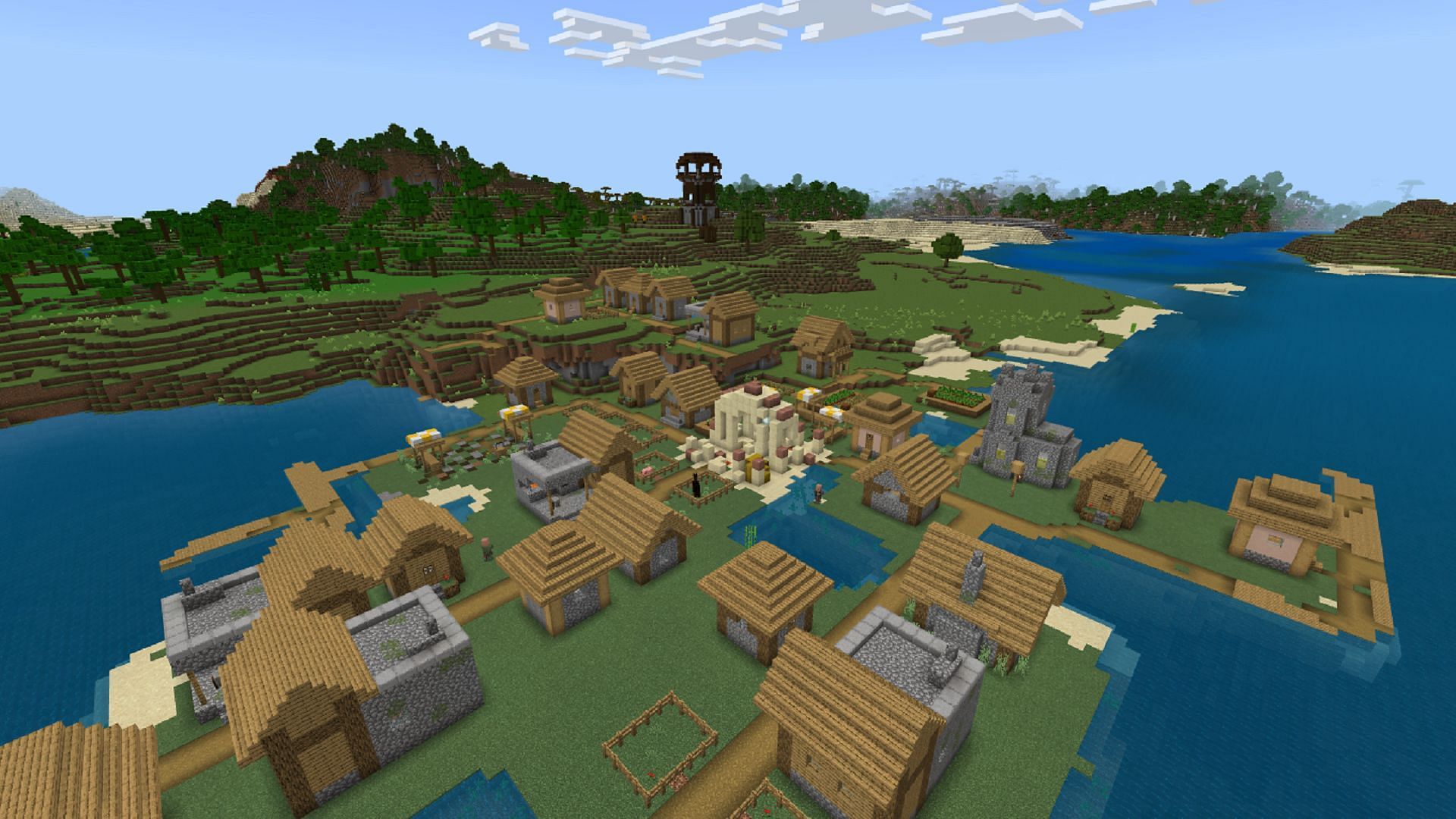 It&#039;s hard to beat a Minecraft seed with five blacksmith shops in its starting village (Image via Mojang)