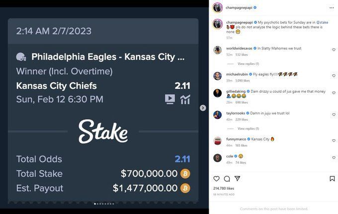 Drake betting $700K on Chiefs to win Super Bowl 2023