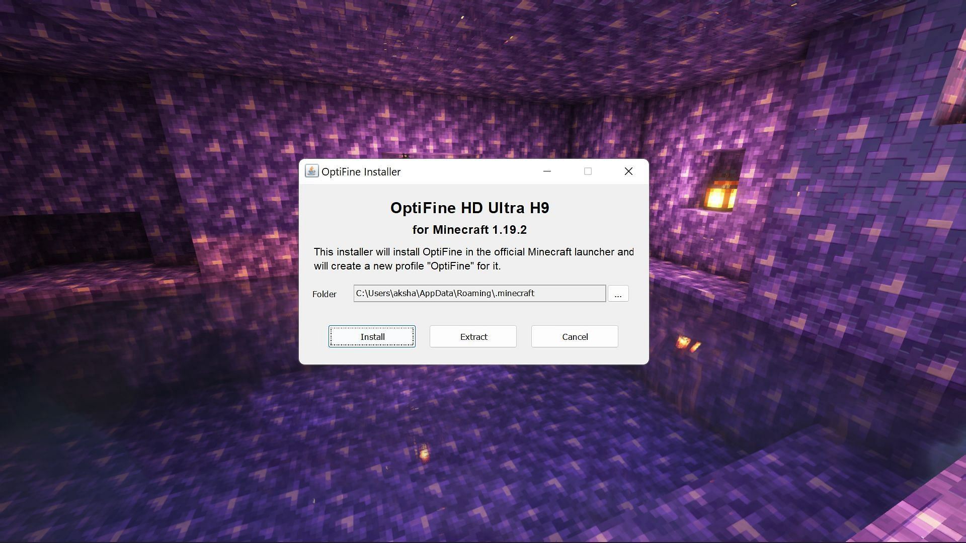 OptiFine installer will automatically detect the Minecraft 1.19.3 folder on the device and ask you to install (Image via Sportskeeda)