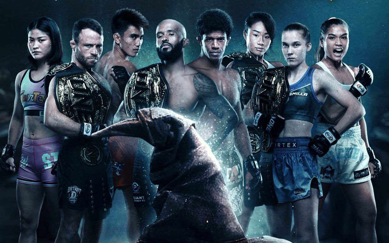 (Left to right) Stamp Fairtex, Jarred Brooks, Joshua Pacio, Demetrious Johnson, Adriano Moraes, Angela Lee, Smilla Sundell, Jackie Buntan, photo by ONE Championship