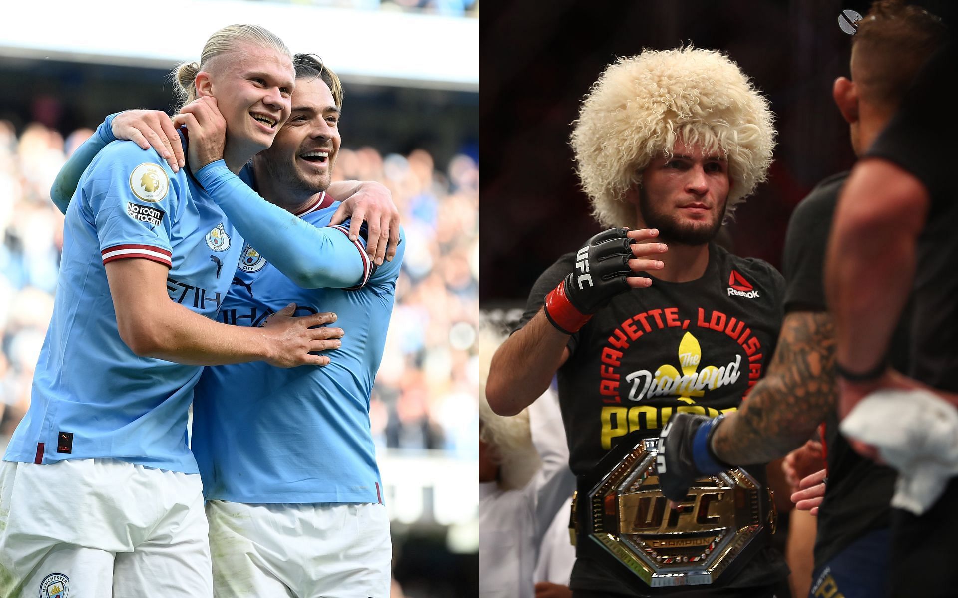 Erling Haaland embracing Jack Grealish (left) and Khabib Nurmagomedov (right) (Image credits Getty Images)