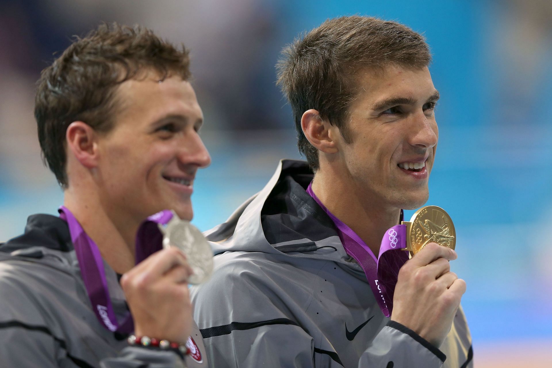 Michael Phelps and Ryan Lochte at the medal ceremony of the 2012 London Olympics