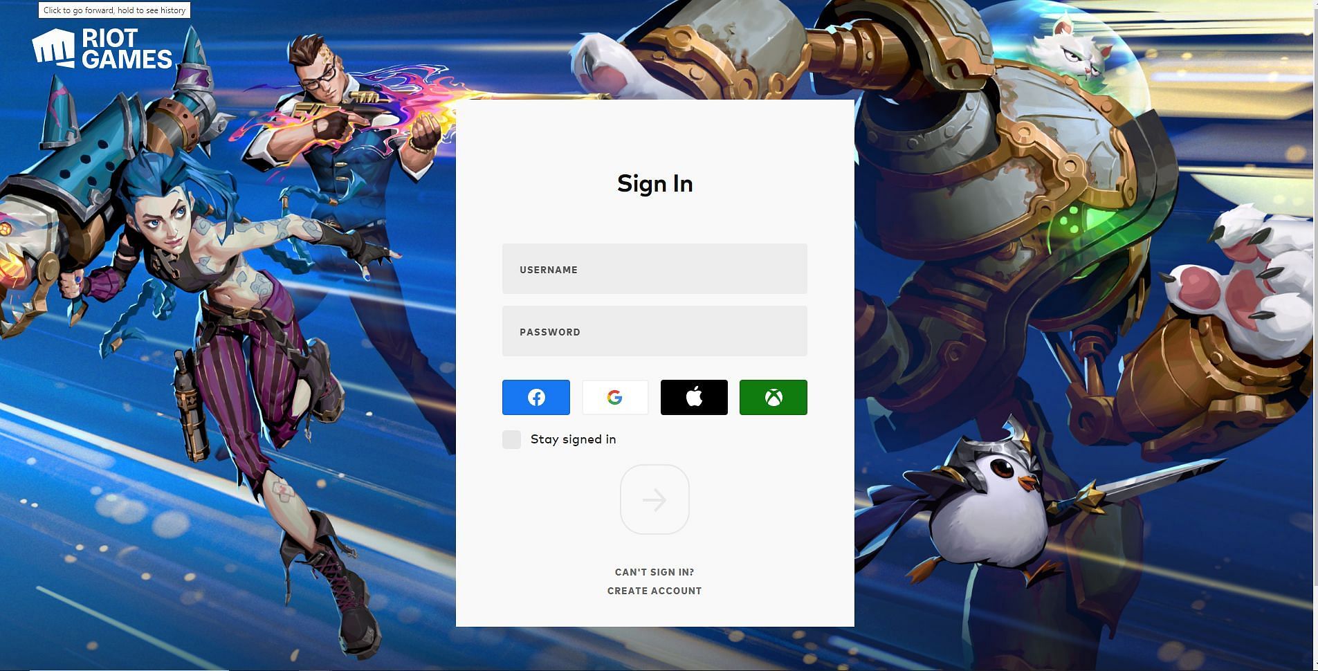 Click on the Can&#039;t Sign in option at the bottom of the form (Image via Riot Games)