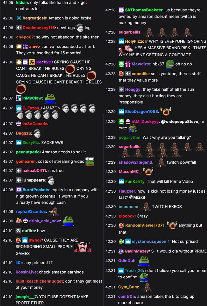 Fans in the Twitch chat reacting to the streamer&#039;s take (Image via Mizkif/Twitch)