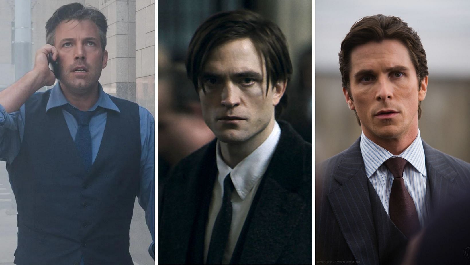 Bruce Wayne&#039;s portrayal over the years (left to right): Ben Affleck, Robert Pattinson, and Christian Bale (Image via Sportskeeda and Warner Bros.)