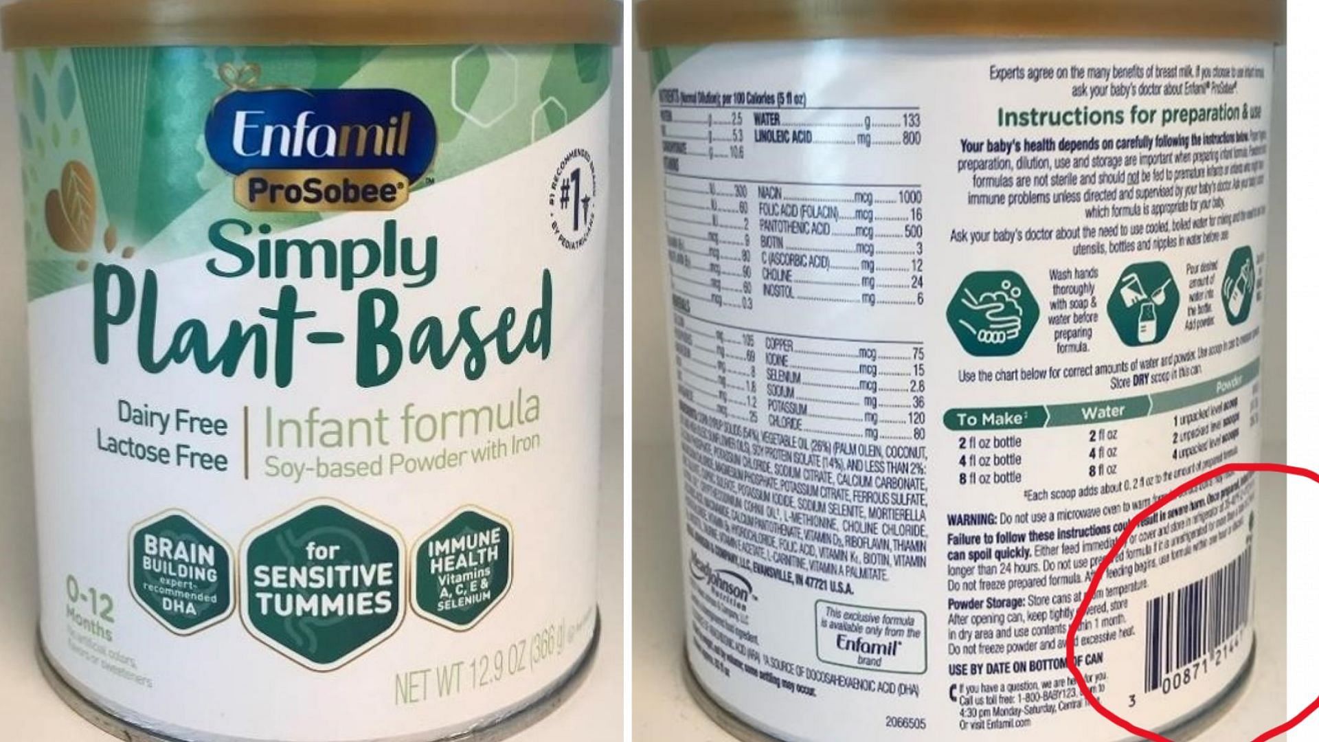 the front and back of the recalled Enfamil Prosobee 12.9 oz. Simply Plant-Based Infant Formula (Image via FDA)