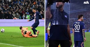Lionel Messi chased by stewards with riot shields after scoring 700th goal of his club career during PSG win against Marseille