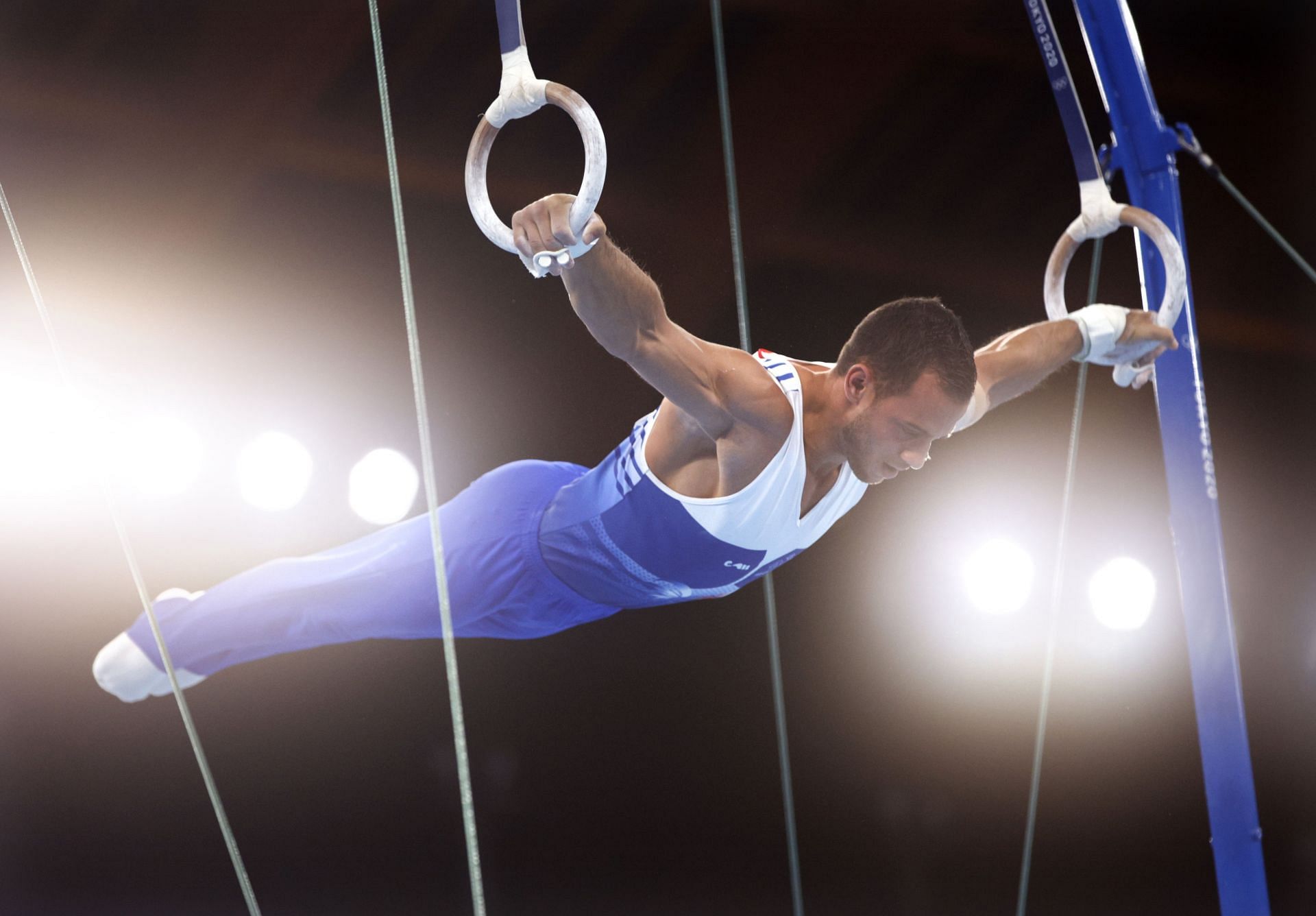 Eleftherios Petrounias of Team Greece competes during the Men&#039;s Rings Final on day 10 of the Tokyo 2020 Olympic Games at Ariake Gymnastics Centre
