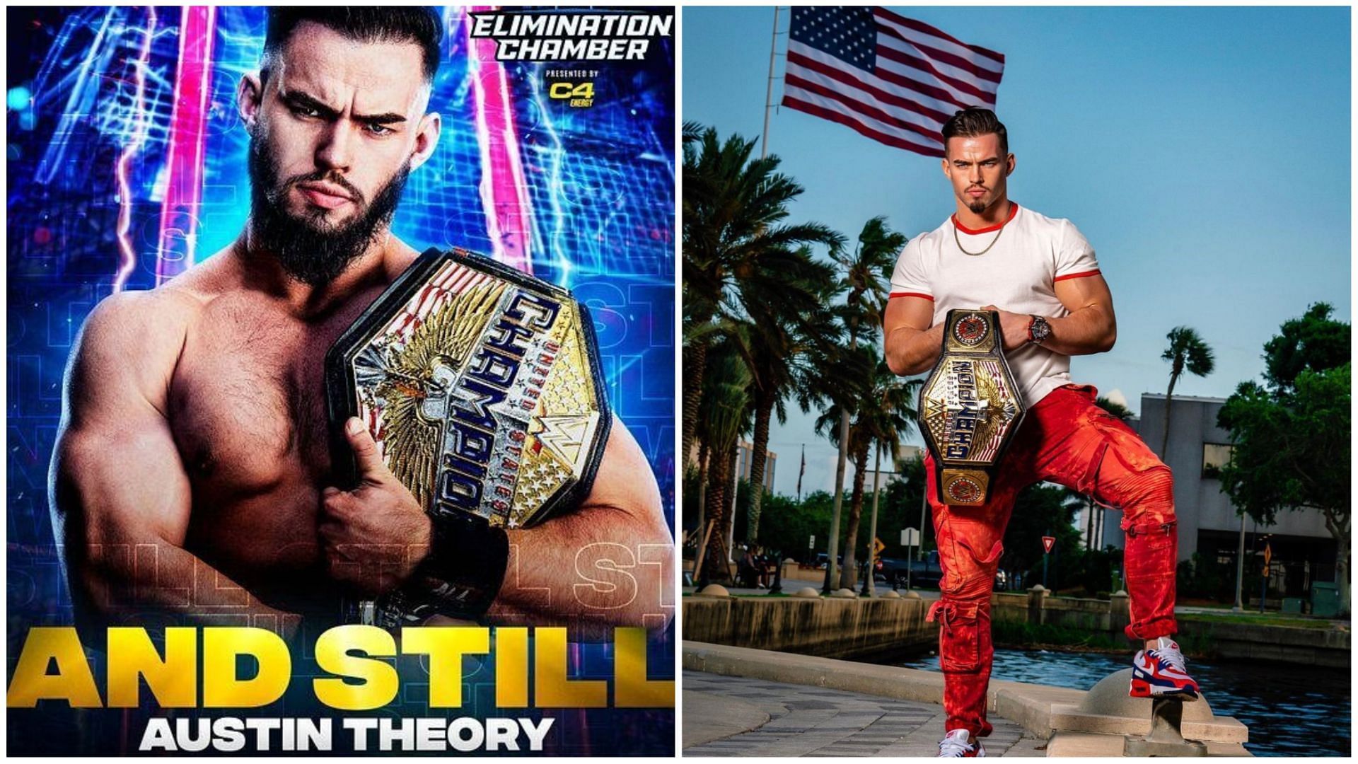 WWE United States Champion Austin Theory, credit for the left image goes to www.instagram.com/illite.fotos/