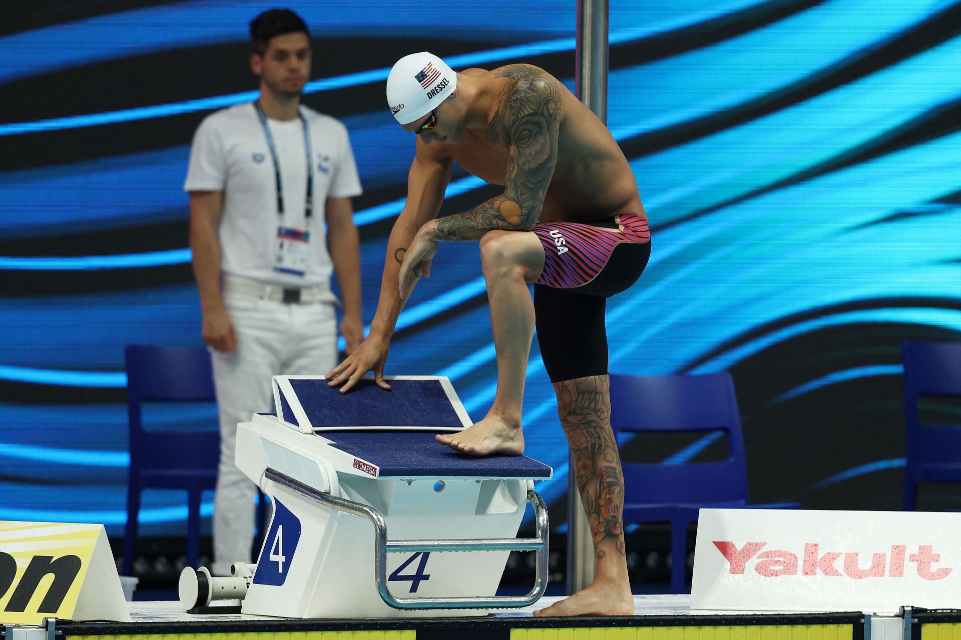 Caeleb Dressel of Team United States prepares to compete in the Men&#039;s 100m Freestyle Heats on day four of the Budapest 2022 FINA World Championships at Duna Arena on June 21, 2022 in Budapest, Hungary. (Photo by Tom Pennington/Getty Images)
