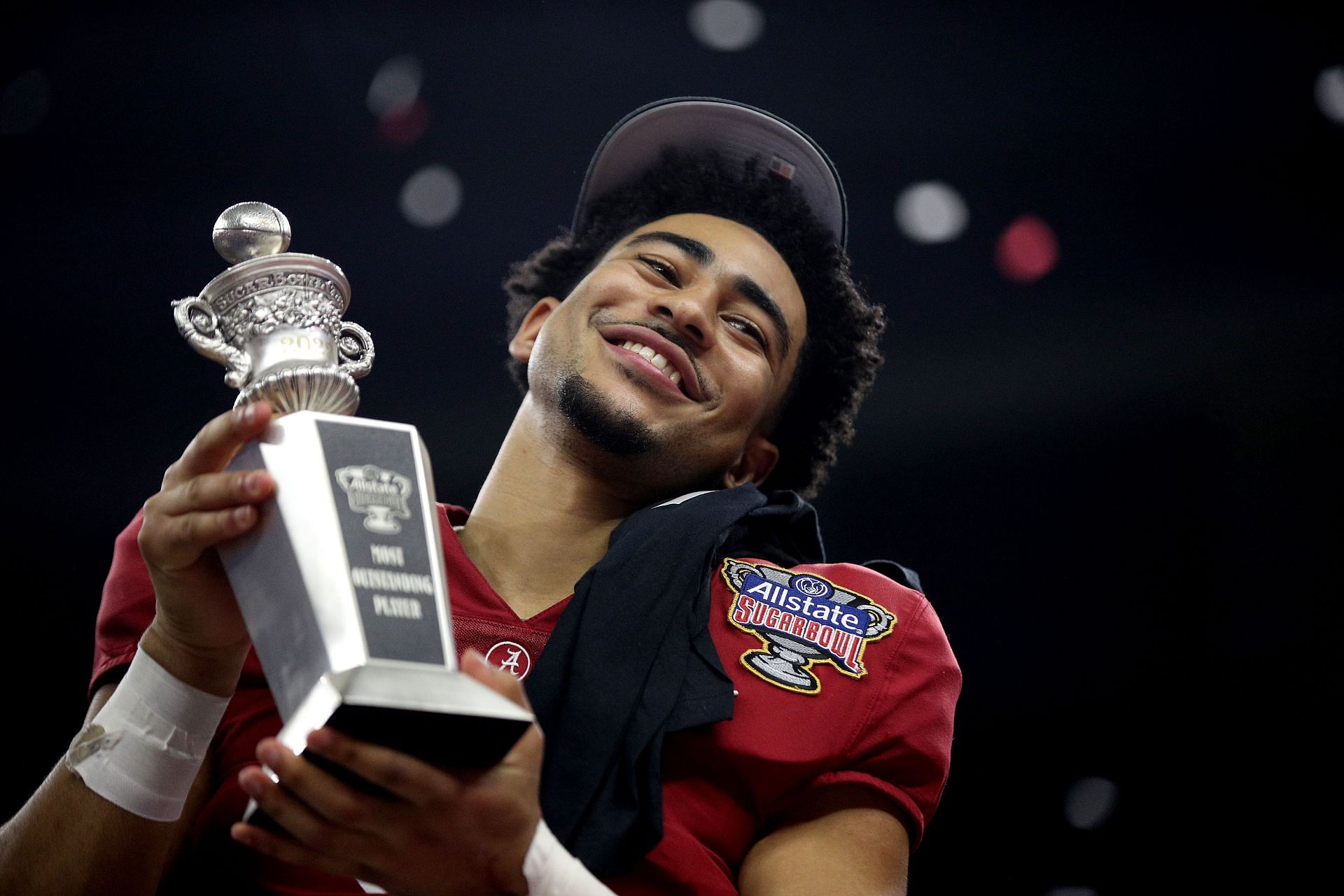 Bryce Young celebrating at theAllstate Sugar Bowl - Alabama v Kansas State