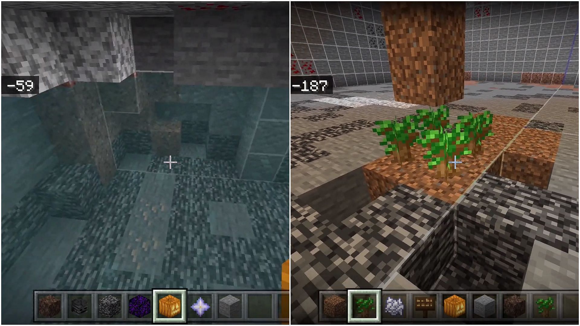 Players can either find naturally generated aquifers near bedrock or create custom Wither killing area by planting trees near the bedrock layer in Minecraft (Image via Sportskeeda)