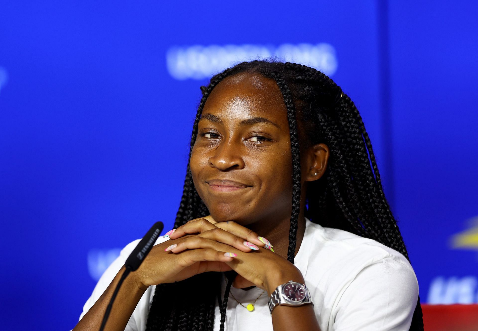 Coco Gauff pictured during a press conference ahead of the 2022 US Open.