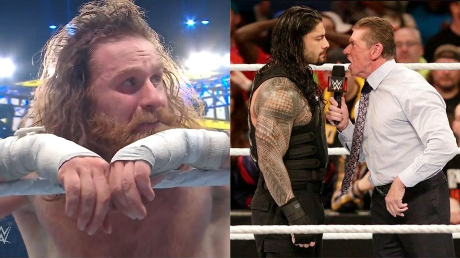 Sami Zayn (left); Roman Reigns and Vince McMahon (right)