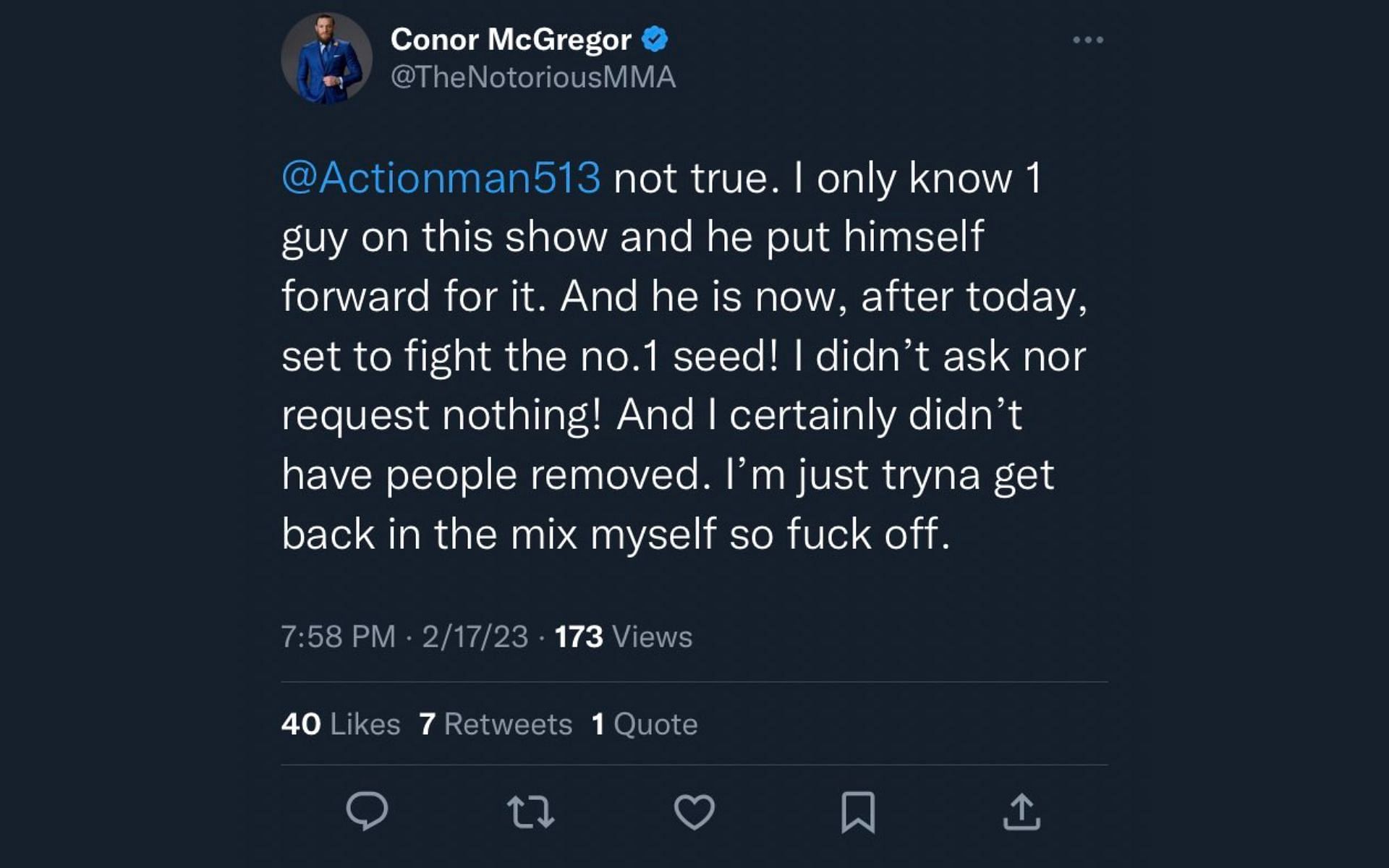 Conor McGregor&#039;s (deleted) reply Chris Curtis [Image courtesy: @TheNotoriousMMA (Twitter)]