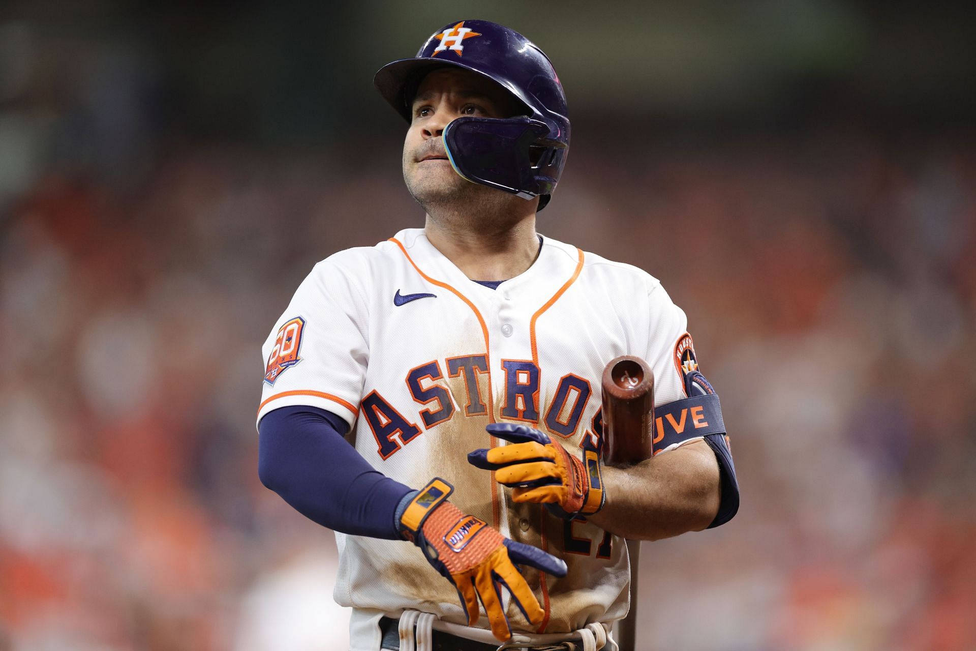 Jose Altuve reacts after striking out against the Seattle Mariners at Minute Maid Park