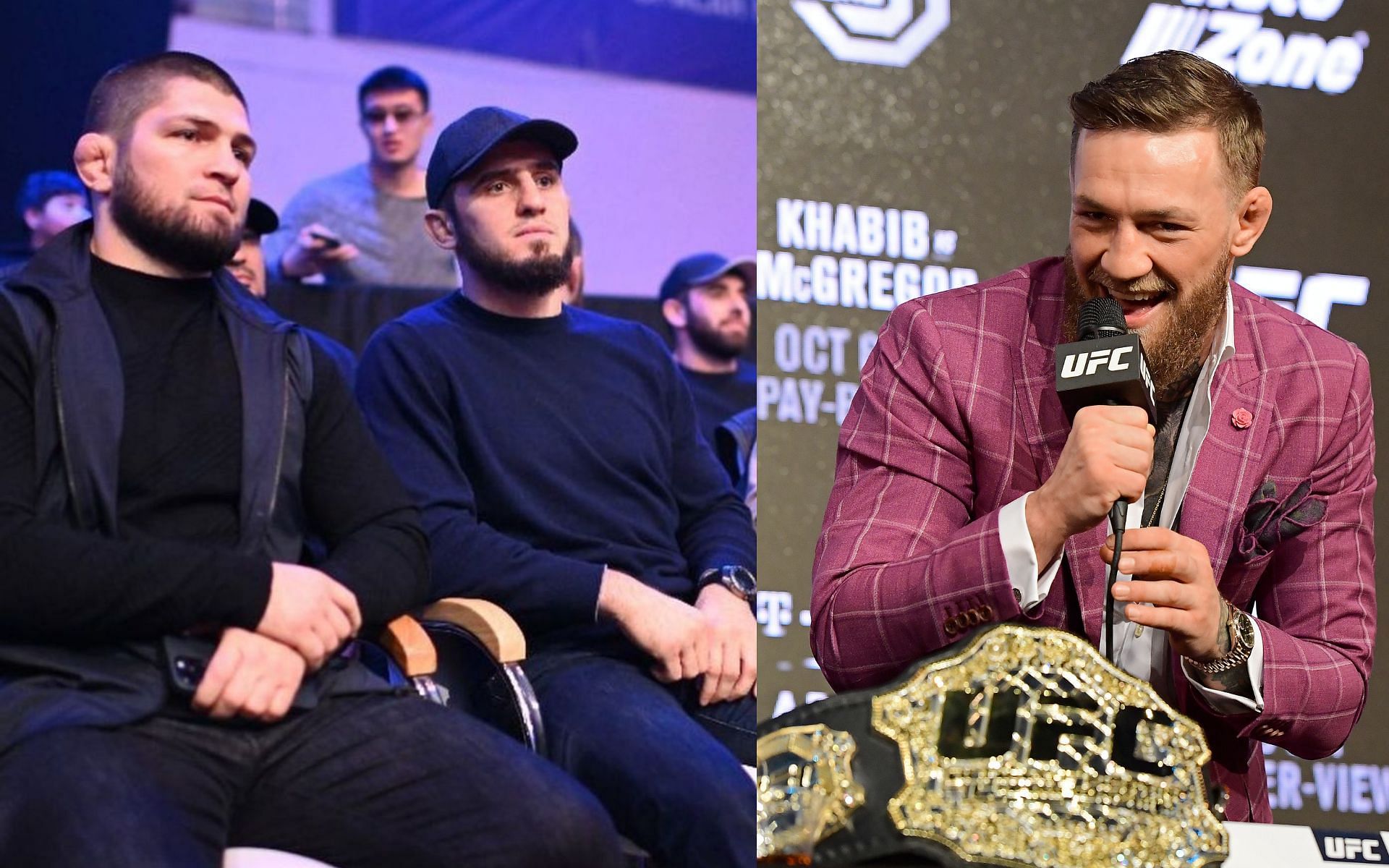 Khabib Nurmagomedov and Islam Makhachev (left - via @islam_makhachev), Conor McGregor (right)