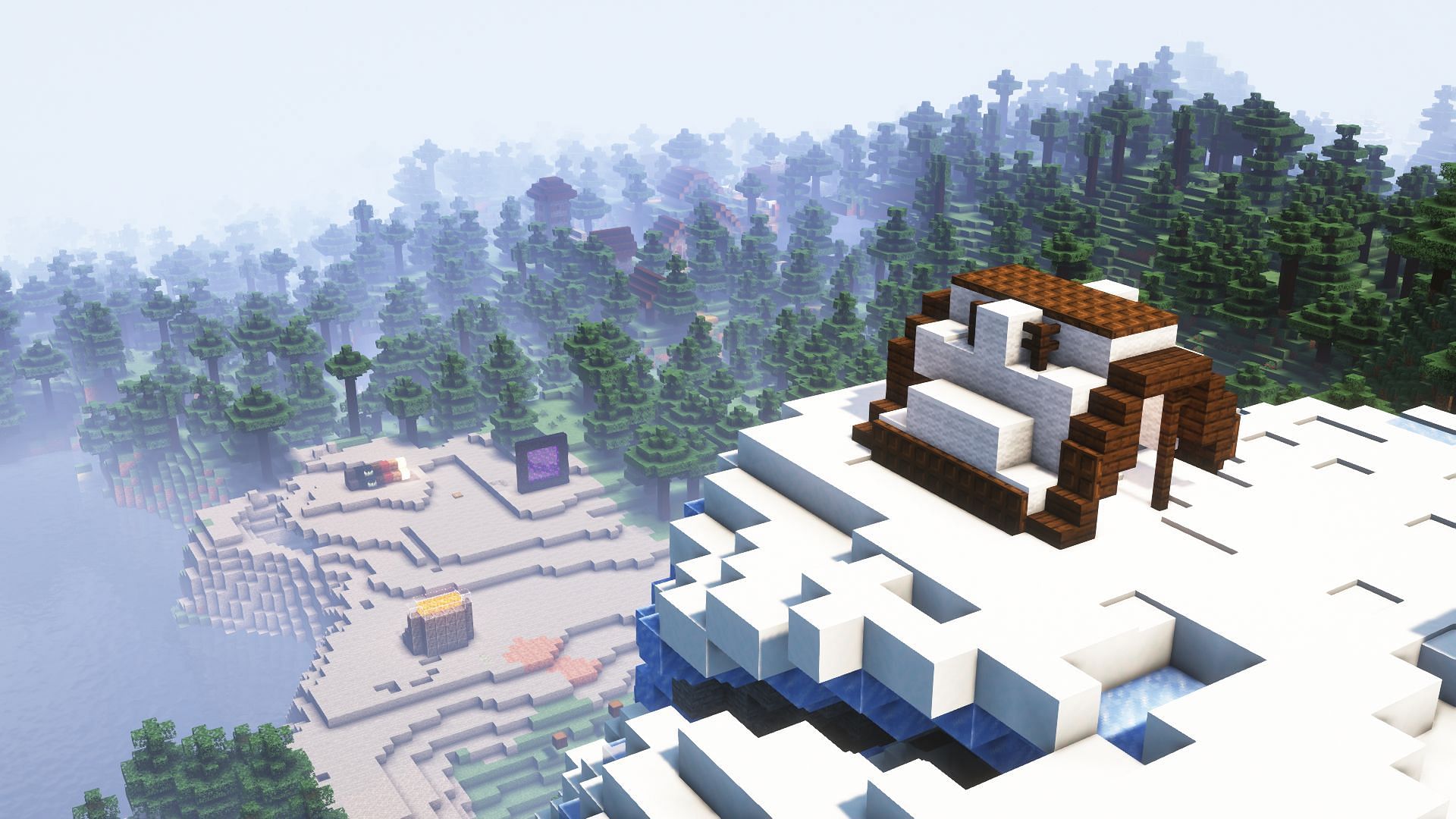 A picture of a hut and distant forest with complementary reimagined shaders in Minecraft 1.19.3 (Image via Mojang)