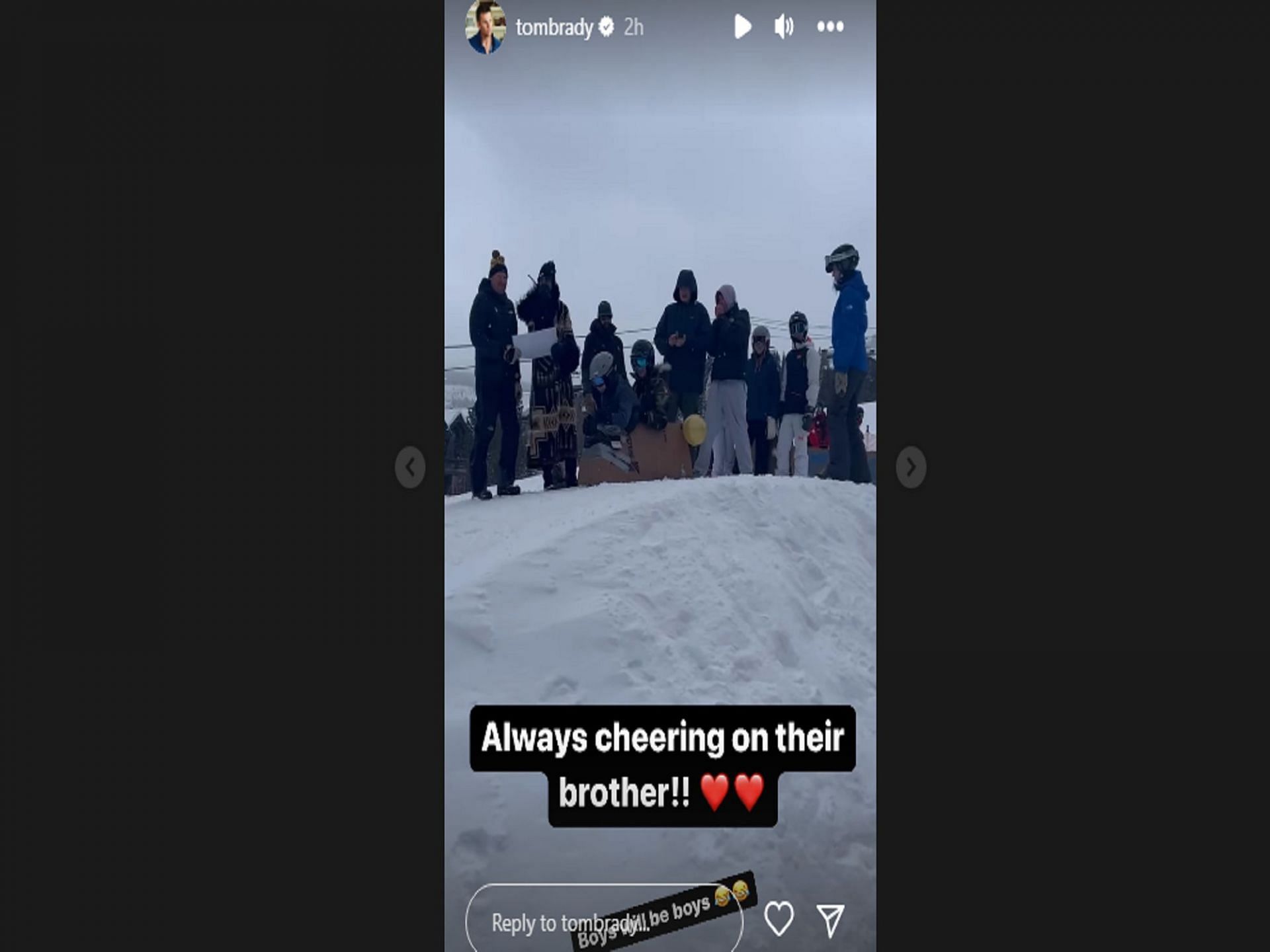 No. 12 cheers on his kids as they sled - Courtesy of Tom Brady in Instagram