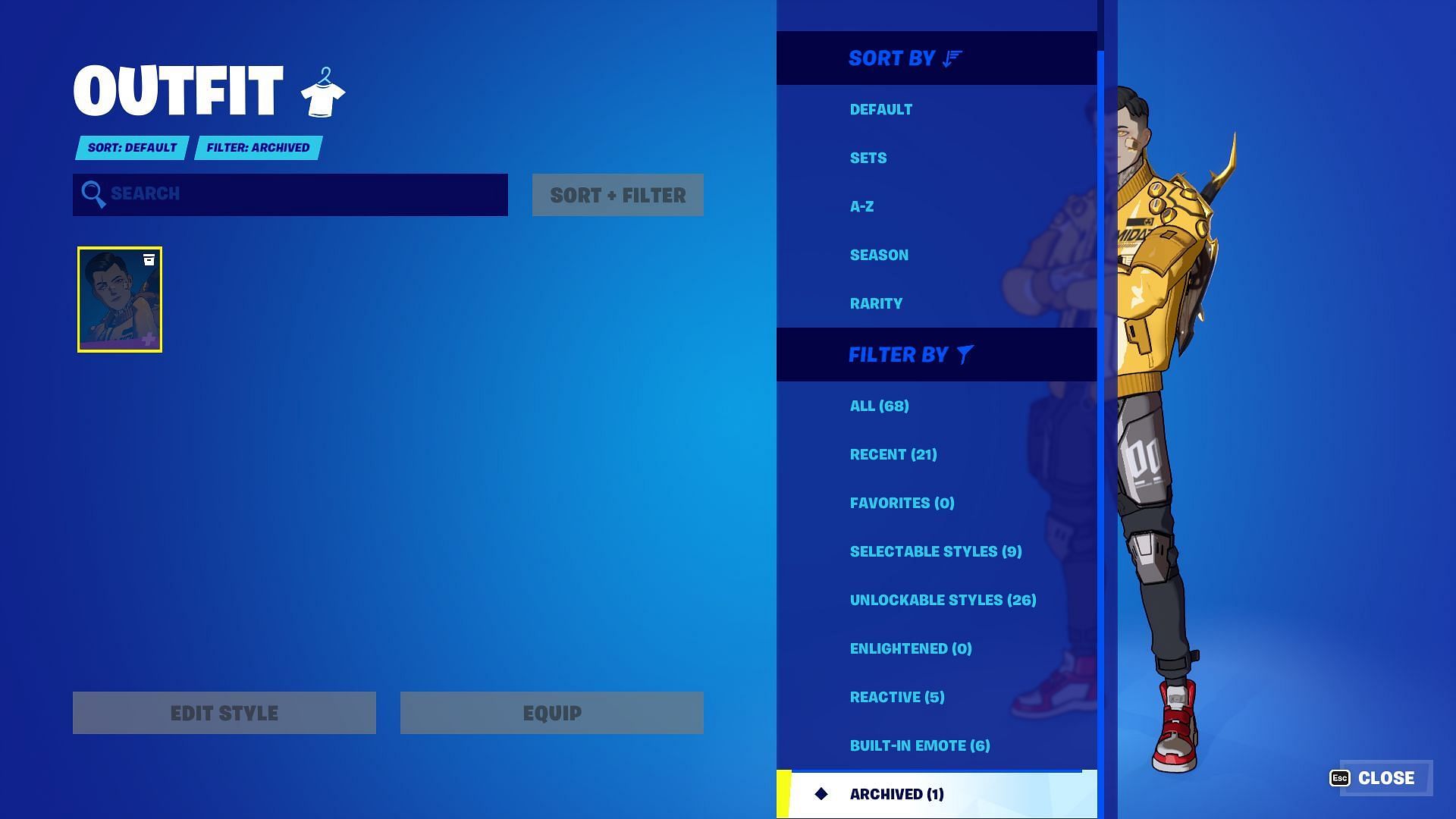 Use the &quot;Filter By&quot; option to find archived cosmetics (Image via Epic Games/Fortnite)