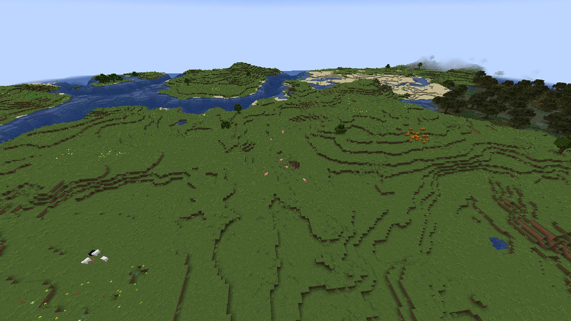 This Minecraft seed offers some biome diversity along with a nice plains biome for building (Image via Mojang)