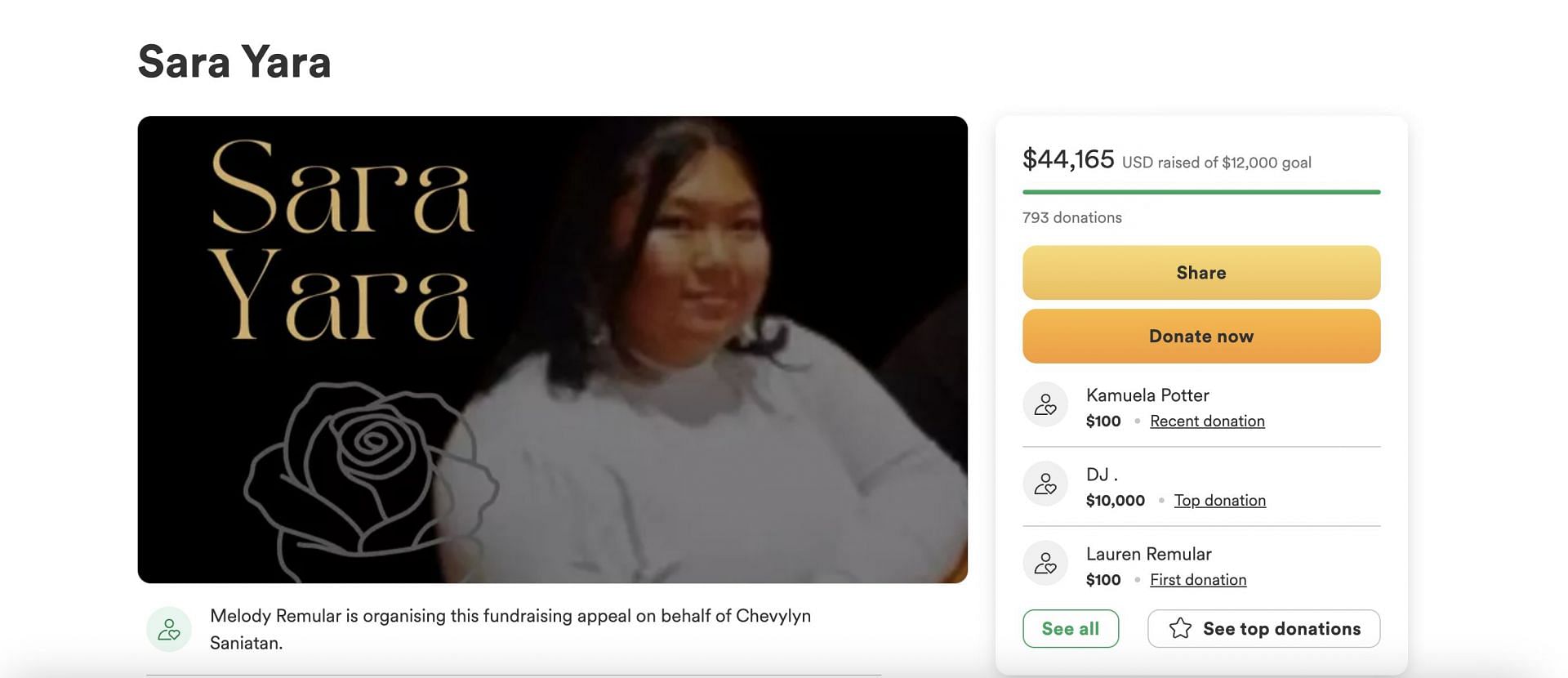 Social media users mourn the loss of Sara Yara, while the family raises some funds for her memorial on GoFundMe. (Image via GoFundMe)