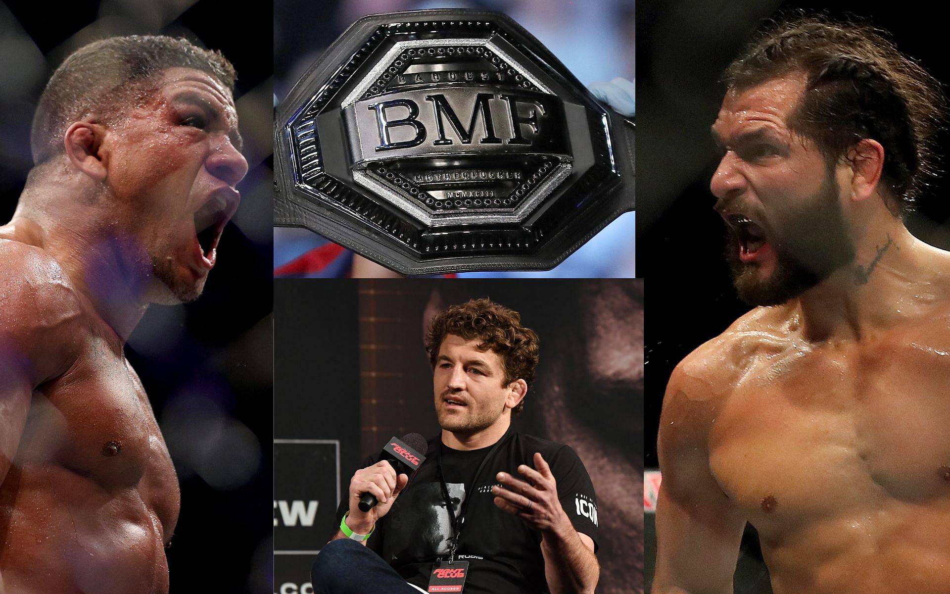 Gilbert Burns (left), BMF belt (top center), Ben Askren (bottom center), and Jorge Masvidal (right). [via Getty Images]