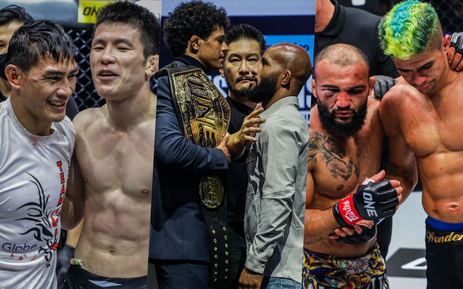 From left to right: Eduard Folayang, Shinya Aoki, Adriano Moraes, Demetrious Johnson, John Lineker, and Fabricio Andrade. | Photo by ONE Championship