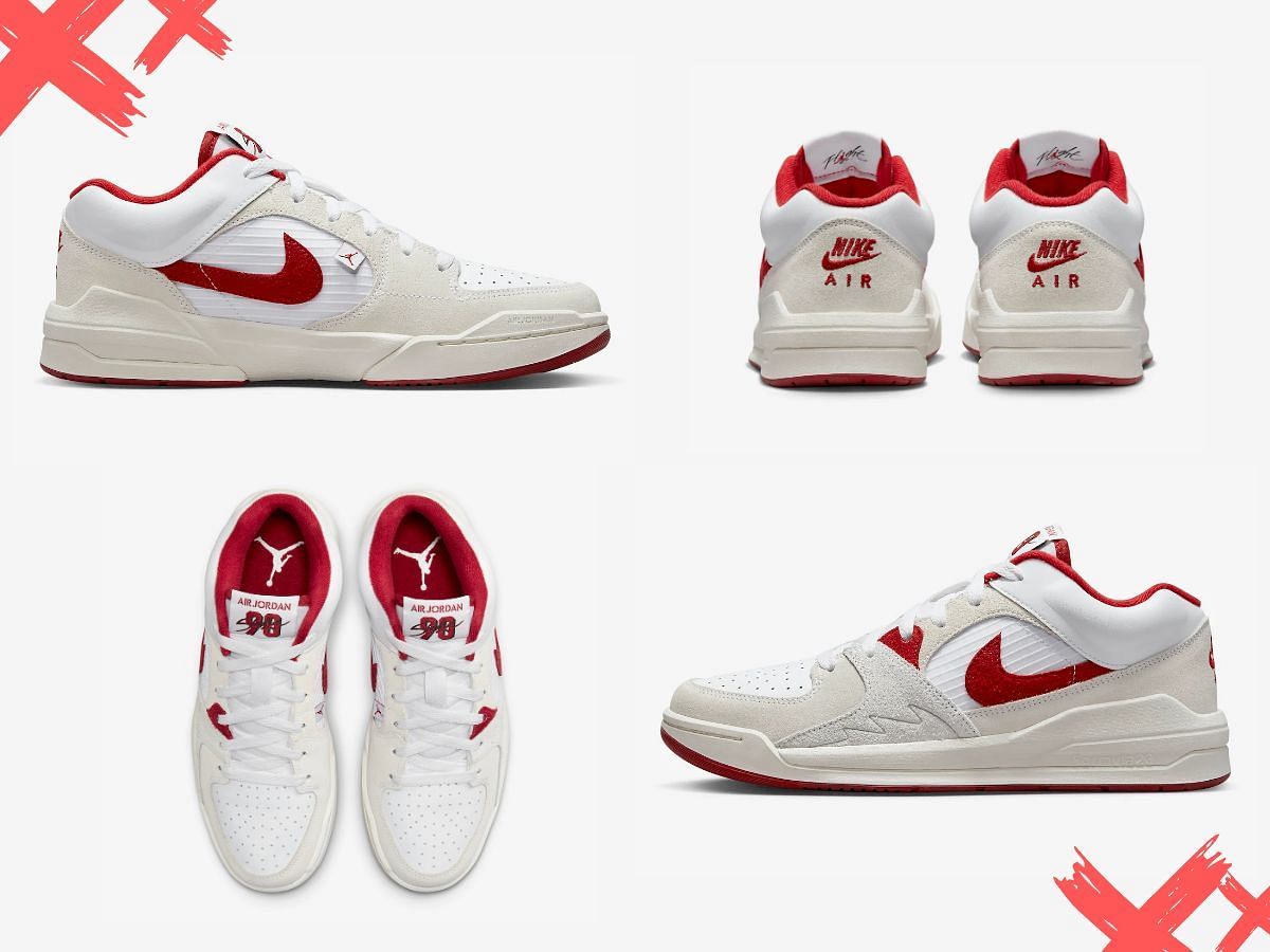 The upcoming Nike x Jordan Stadium 90 &quot;White / University Red&quot; sneakers are the latest silhouette to be introduced in the hybrid lineup (Image via Sportskeeda)