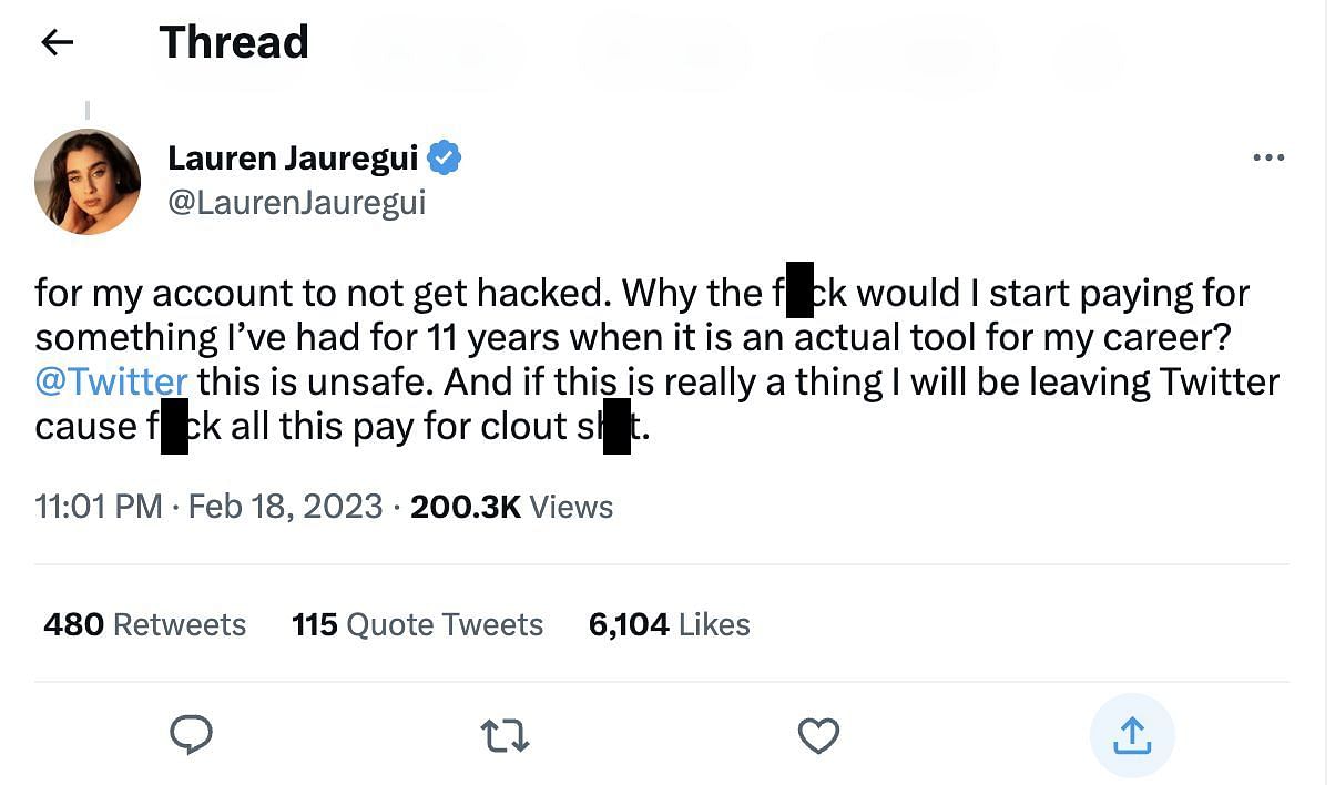 Lauren Jauregui slammed Twitter&#039;s new policy, and tagged Elon Musk and claimed that she would be leaving the platform if Twitter decides to charge her for Twitter Blue. (Image via Lauren Jauregui/ Twitter)