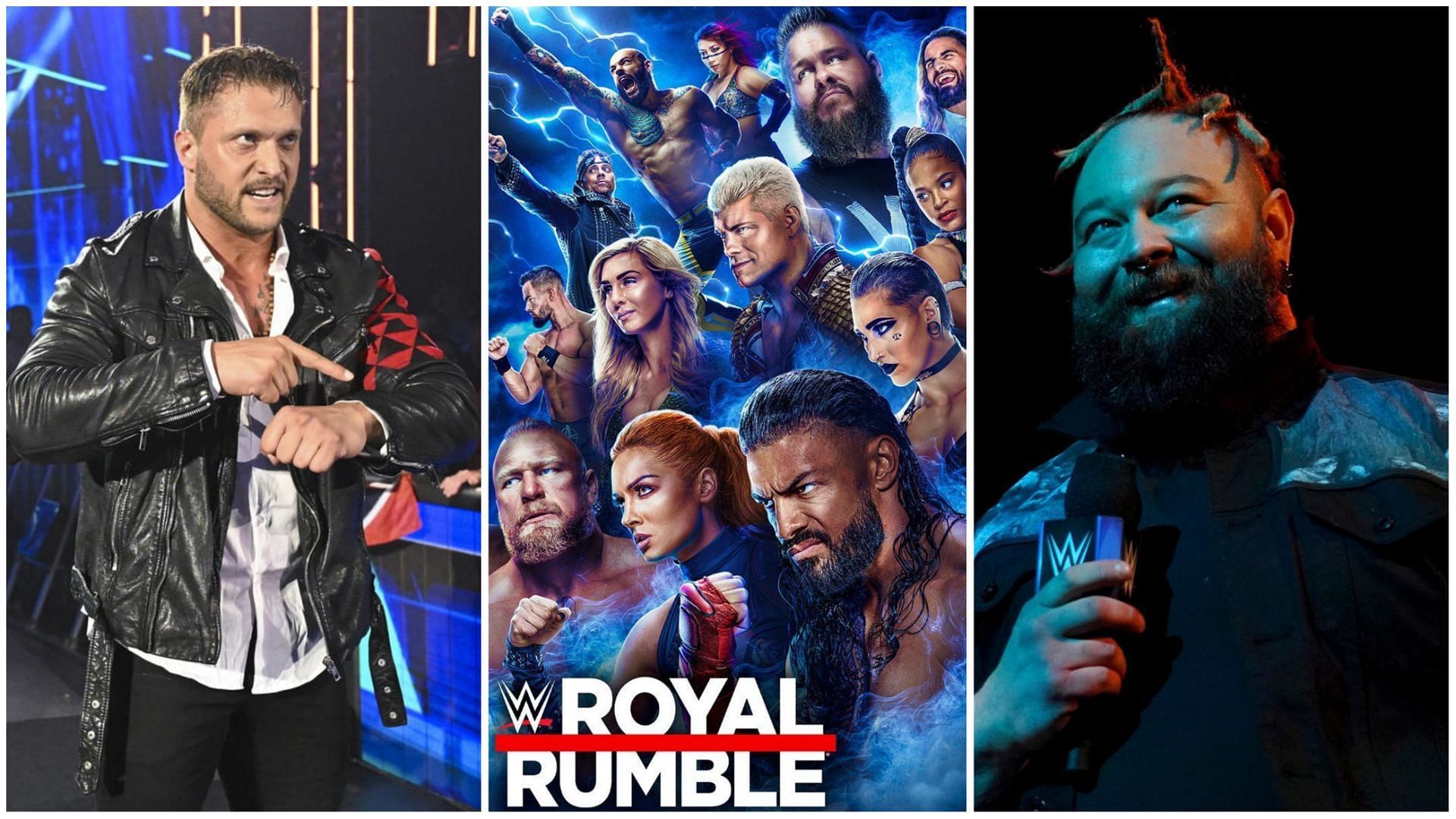 Karrion Kross (L), promotional poster for WWE Royal Rumble 2023 (C), Bray Wyatt (R)