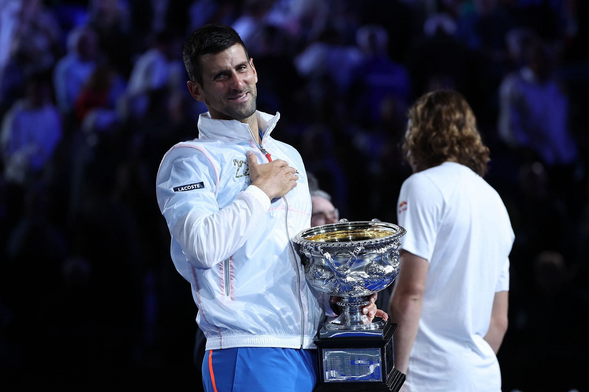 Novak Djokovic and Stefanos Tsitsipas after their 2023 Australian Open final.