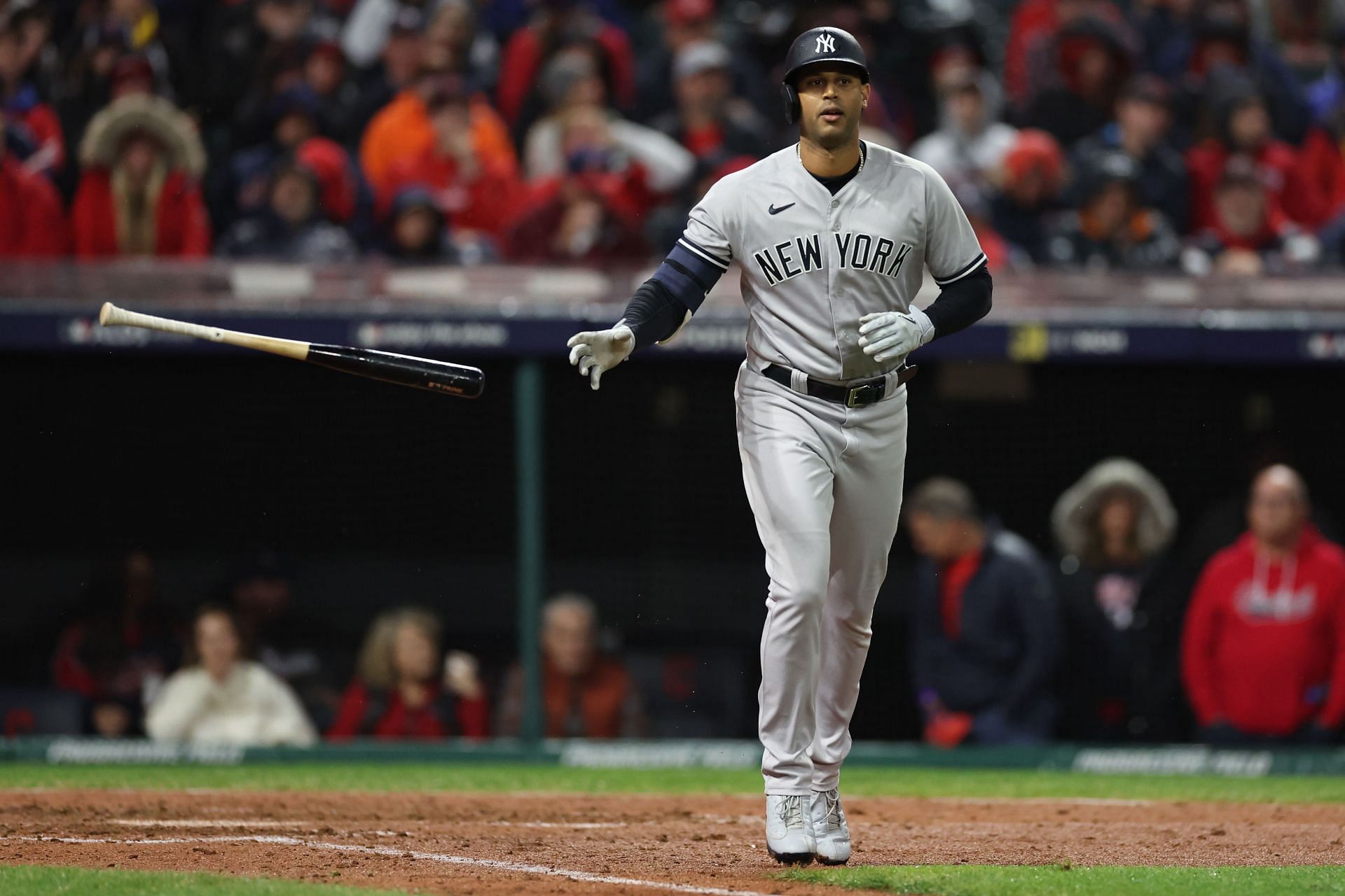 Aaron Hicks of the New York Yankees draws a walk against the Cleveland Guardians.